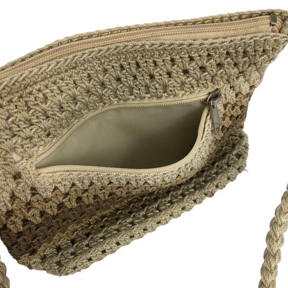Lina Crocheted Knit Handbag Purse Shoulder Cream Beige Brown Braided Handle - Picture 5 of 10